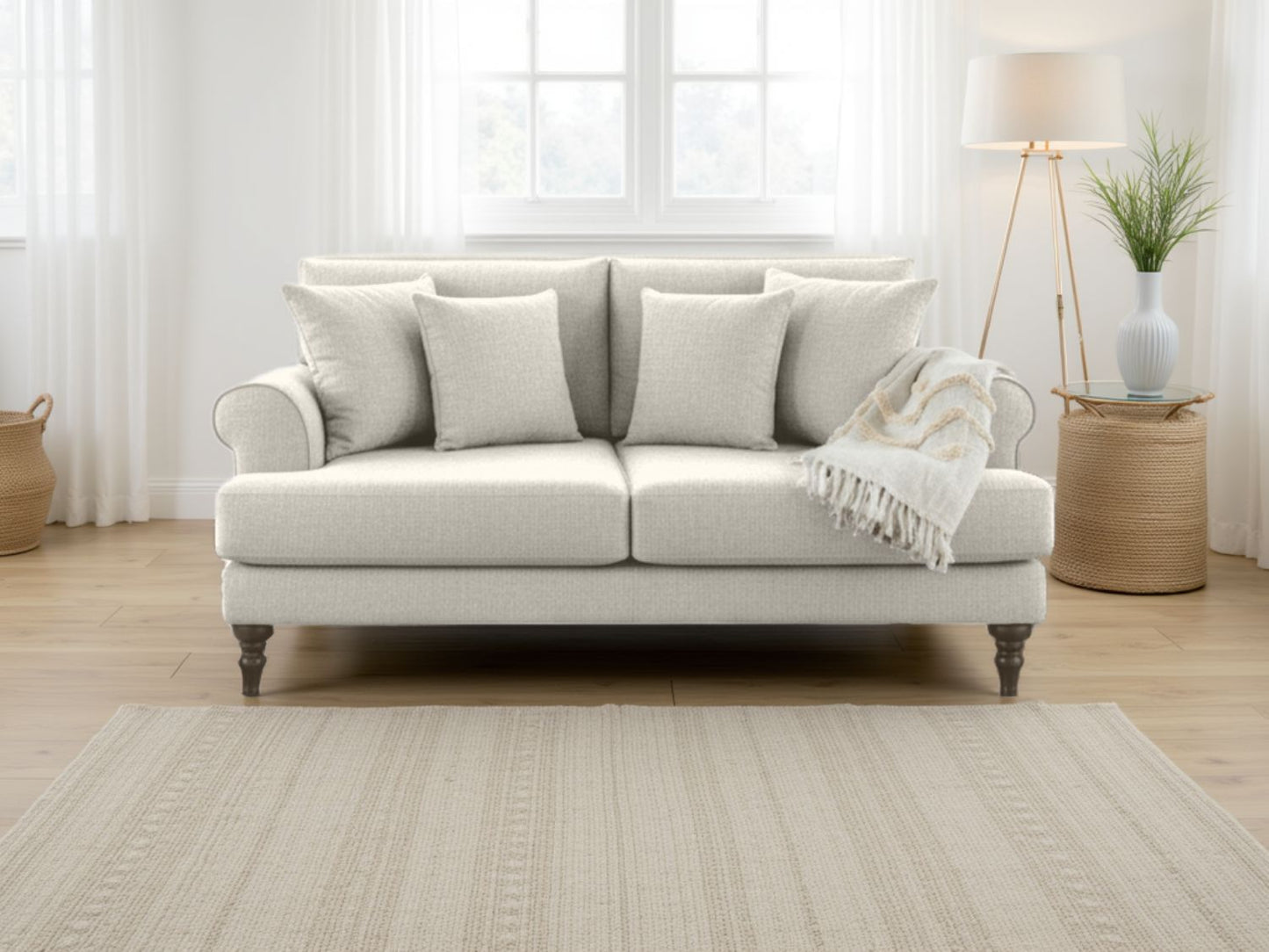 Beige Fabric 2 Seater Standard Back Sofa with Scrolled Arms