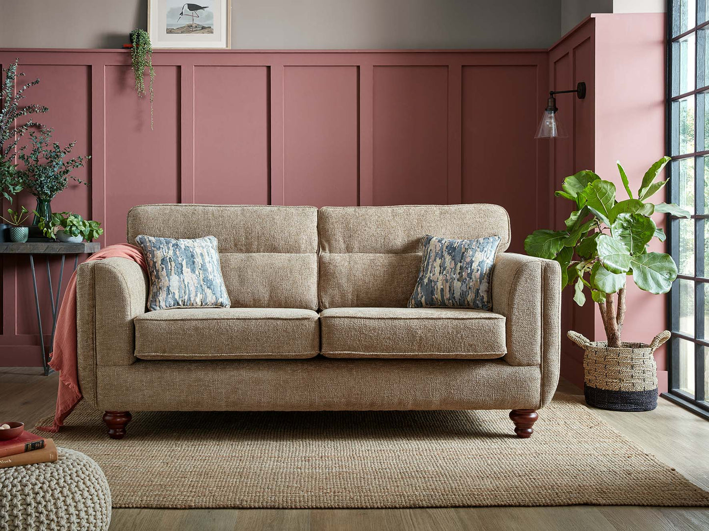 Turin Range Sofas In Venice Barley Brown Fabric With Cushions