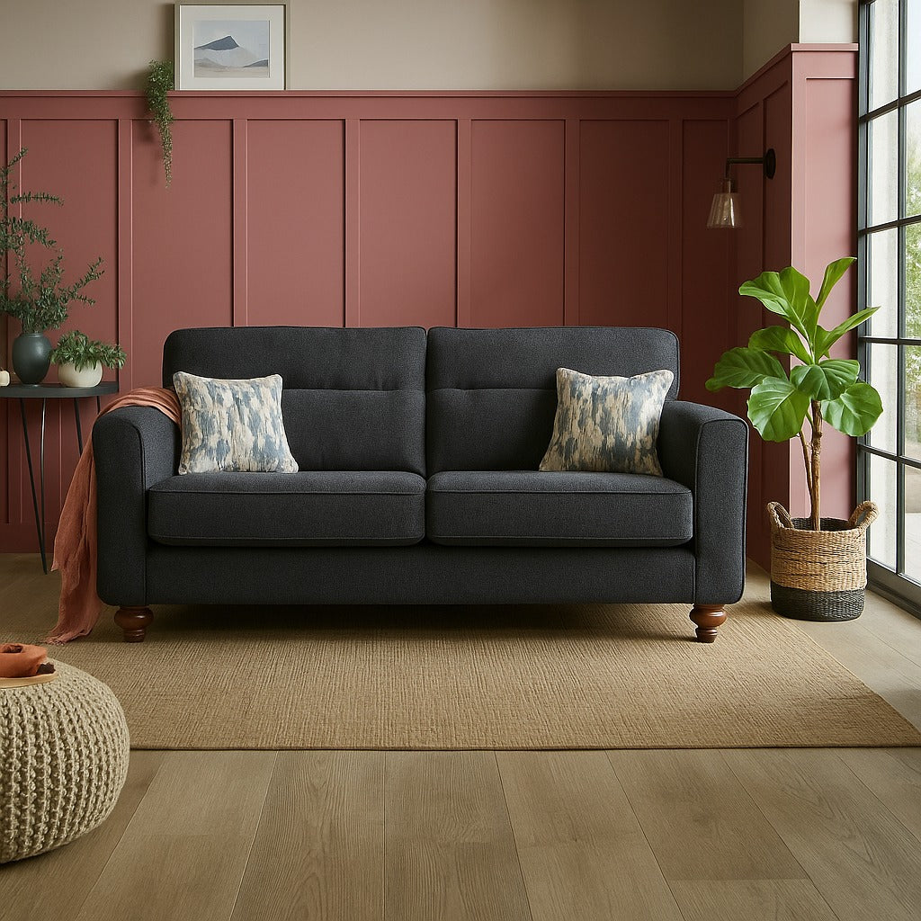 Turin Range Sofas In Venice Barley Brown Fabric With Cushions