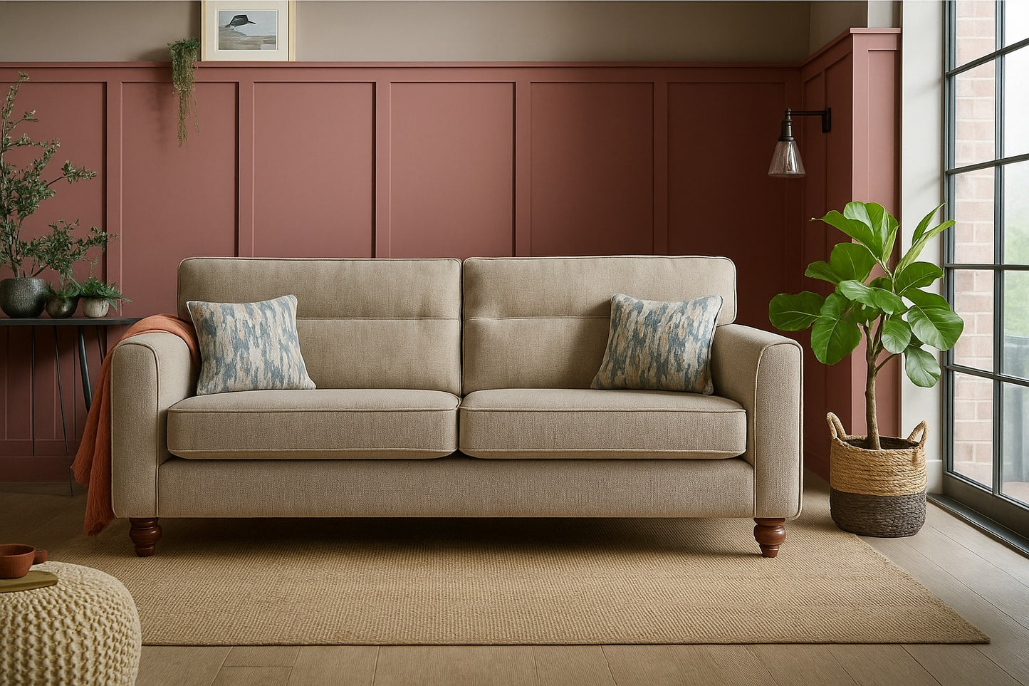Turin Range Sofas In Venice Barley Brown Fabric With Cushions