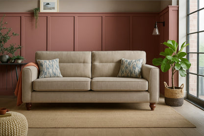 Turin Range Sofas In Venice Barley Brown Fabric With Cushions