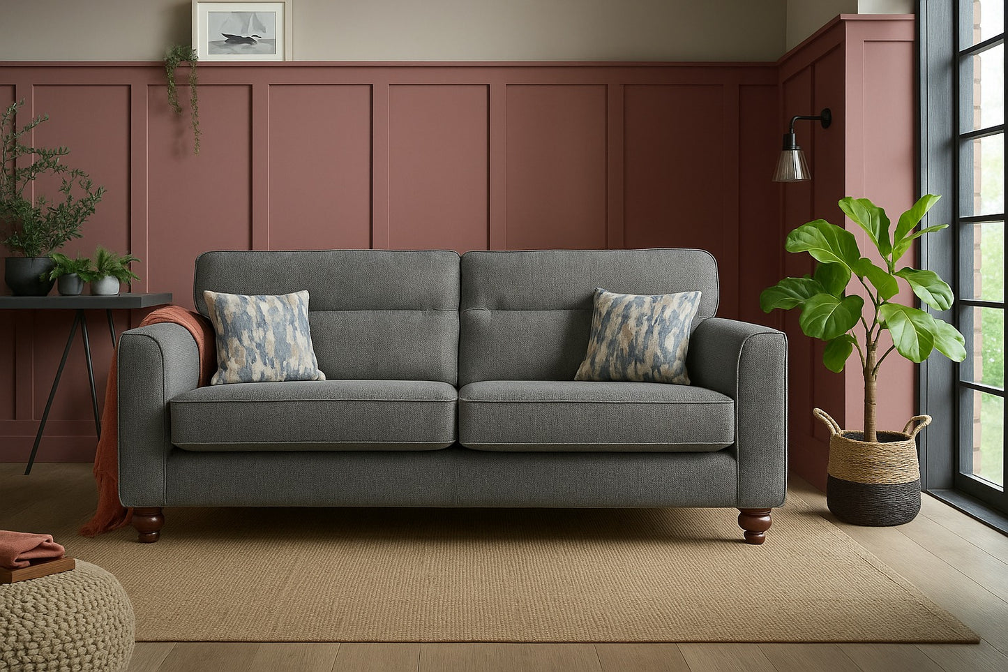 Turin Range Sofas In Venice Barley Brown Fabric With Cushions