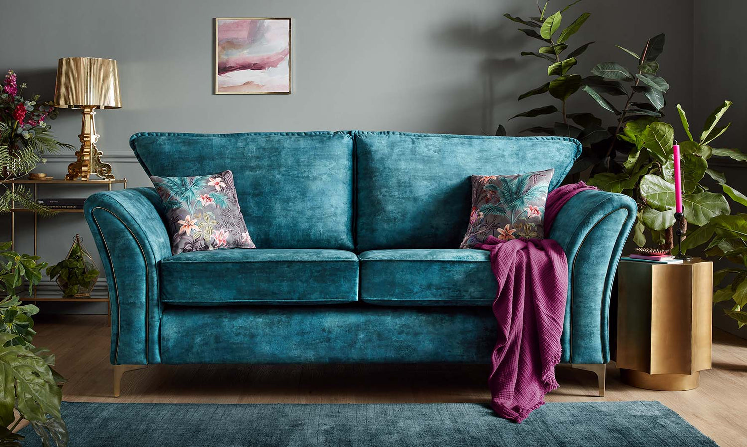 Verona Luxury Milano Teal Blue Fabric Sofa With Steel Legs