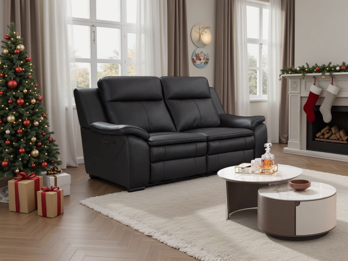 Black Leather 2 Seater Electric Recliner Sofa with Headrest