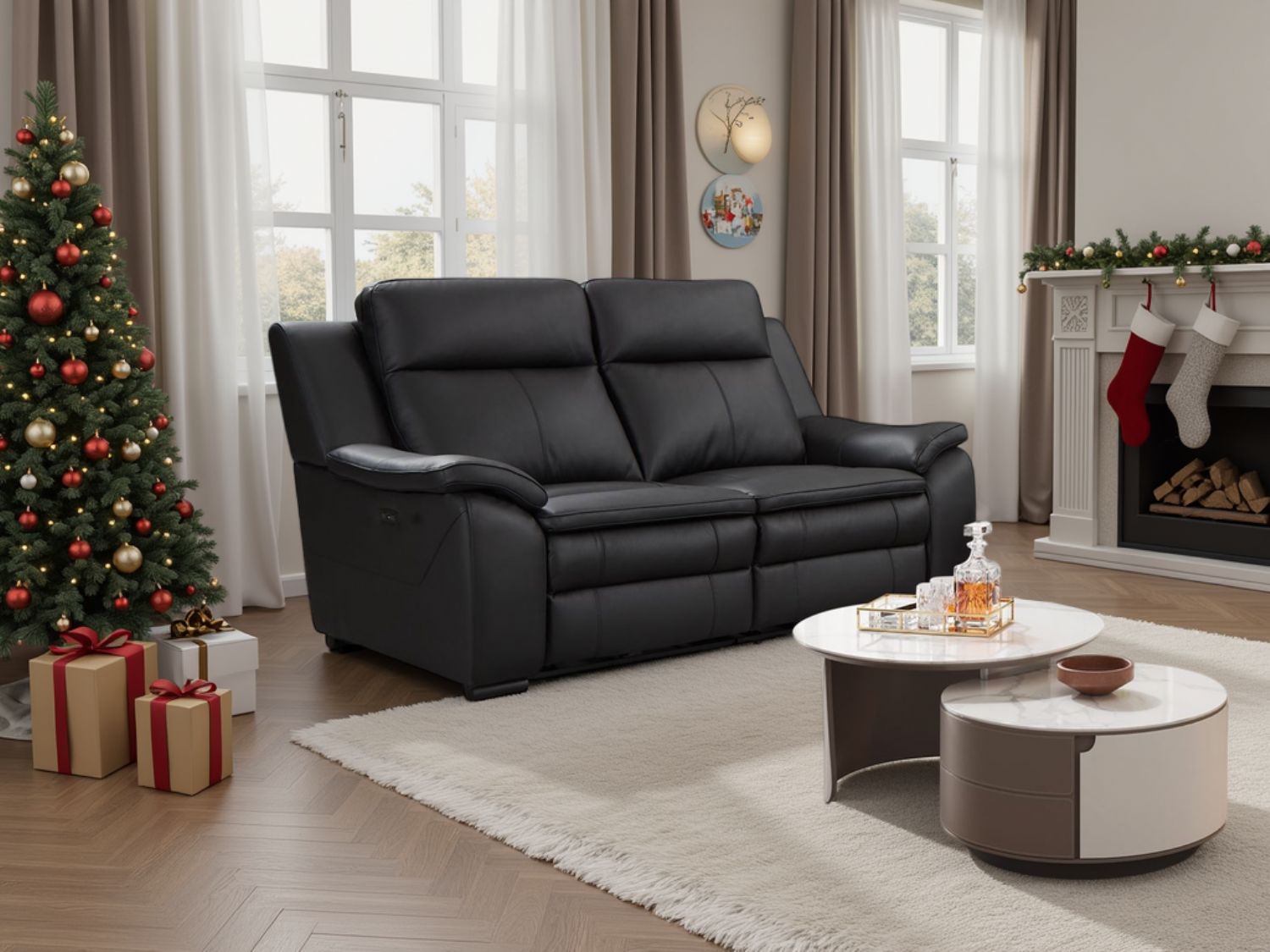 Black Leather 2 Seater Electric Recliner Sofa with Headrest