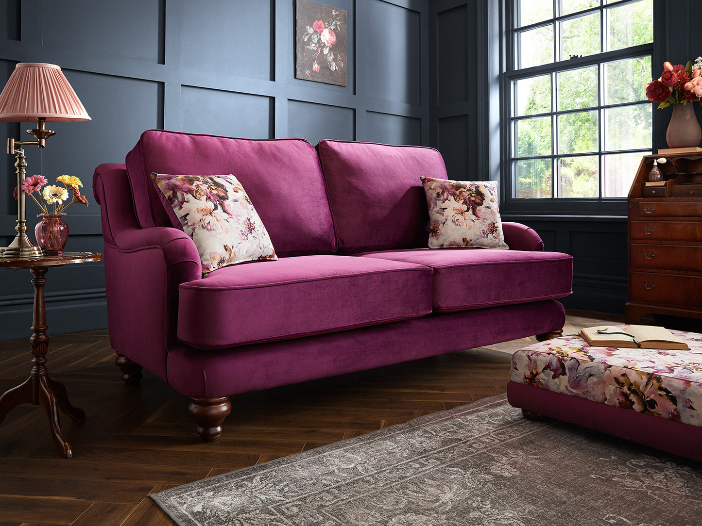 Alicante Purple Fabric High Sofa For Elderly Handmde Monaco Amethyst Set With Wooden Legs