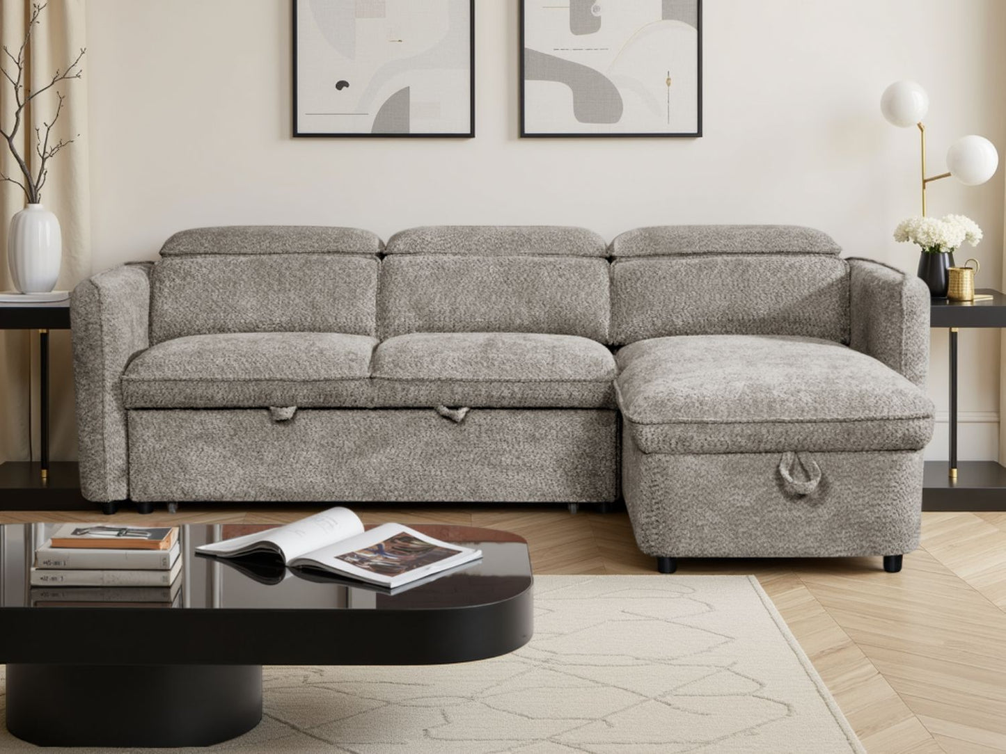 Grey Fabric Universal Corner Chaise Sofabed with Storage