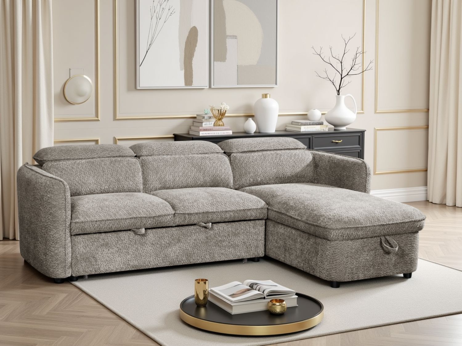 Grey Fabric Universal Corner Chaise Sofabed with Storage