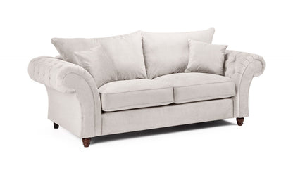 Stone Fabric Buttoned Back Fullback 3 Seater Sofa Scroll Arm