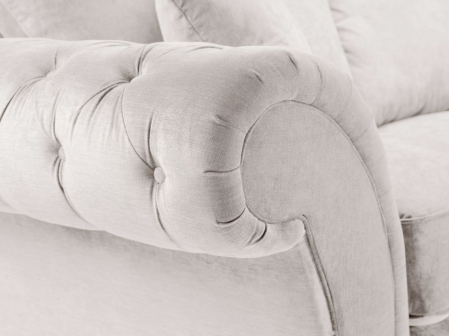 Stone Fabric Buttoned Back Fullback 3 Seater Sofa Scroll Arm