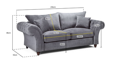 Stone Fabric Buttoned Back Fullback 3 Seater Sofa Scroll Arm