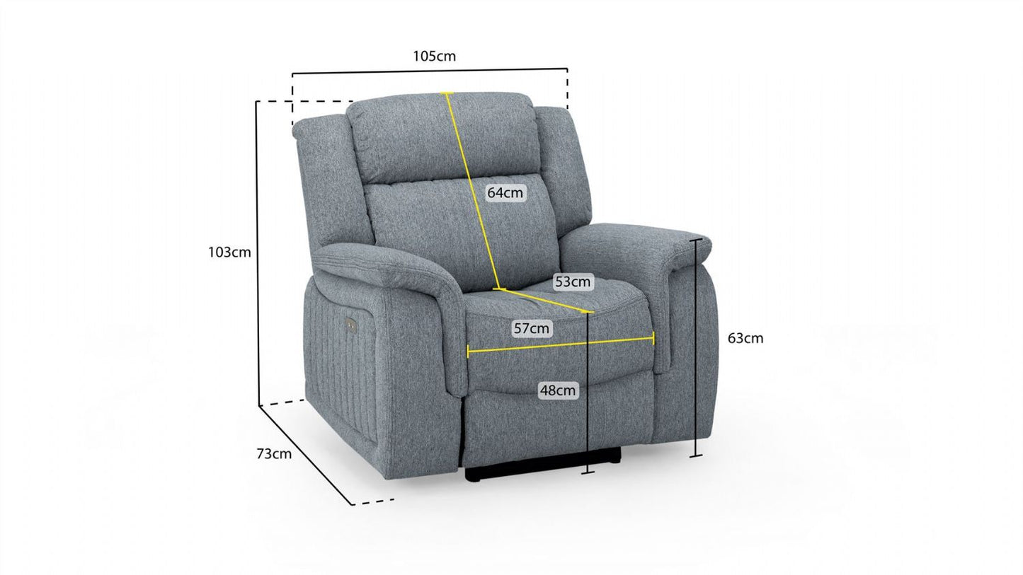 Grey Fabric Electric Recliner Armchair Pillow Top Arms