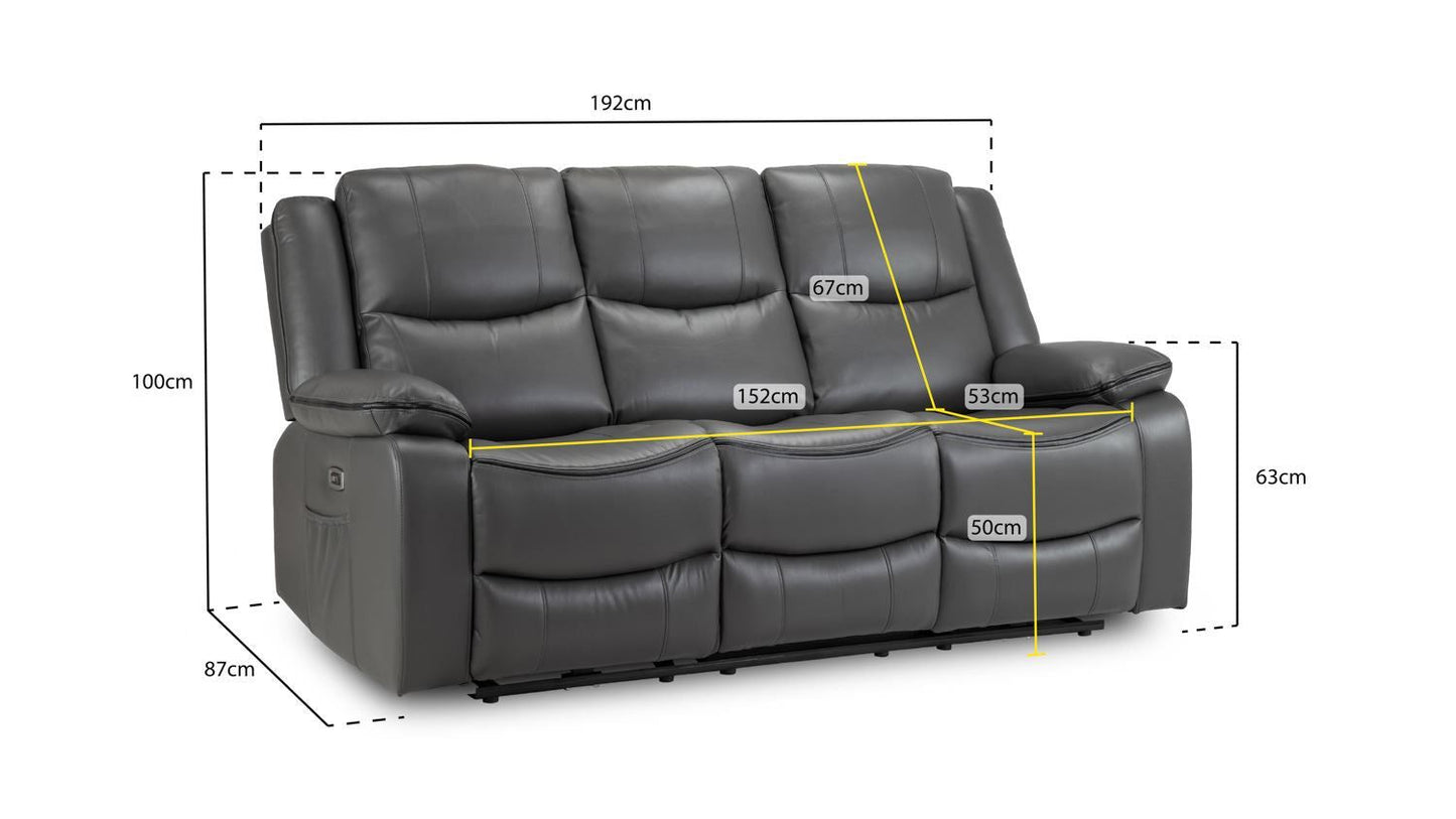 Grey Leather High Back 3 Seater Electric Recliner Sofa