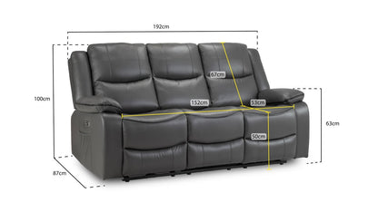 Grey Leather High Back 3 Seater Electric Recliner Sofa