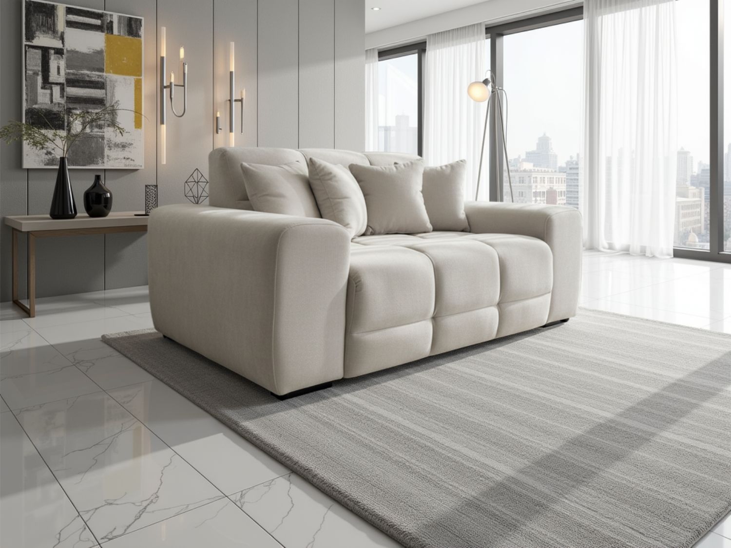 Natural Fabric Modern 2 Seater Sofa with Cushions