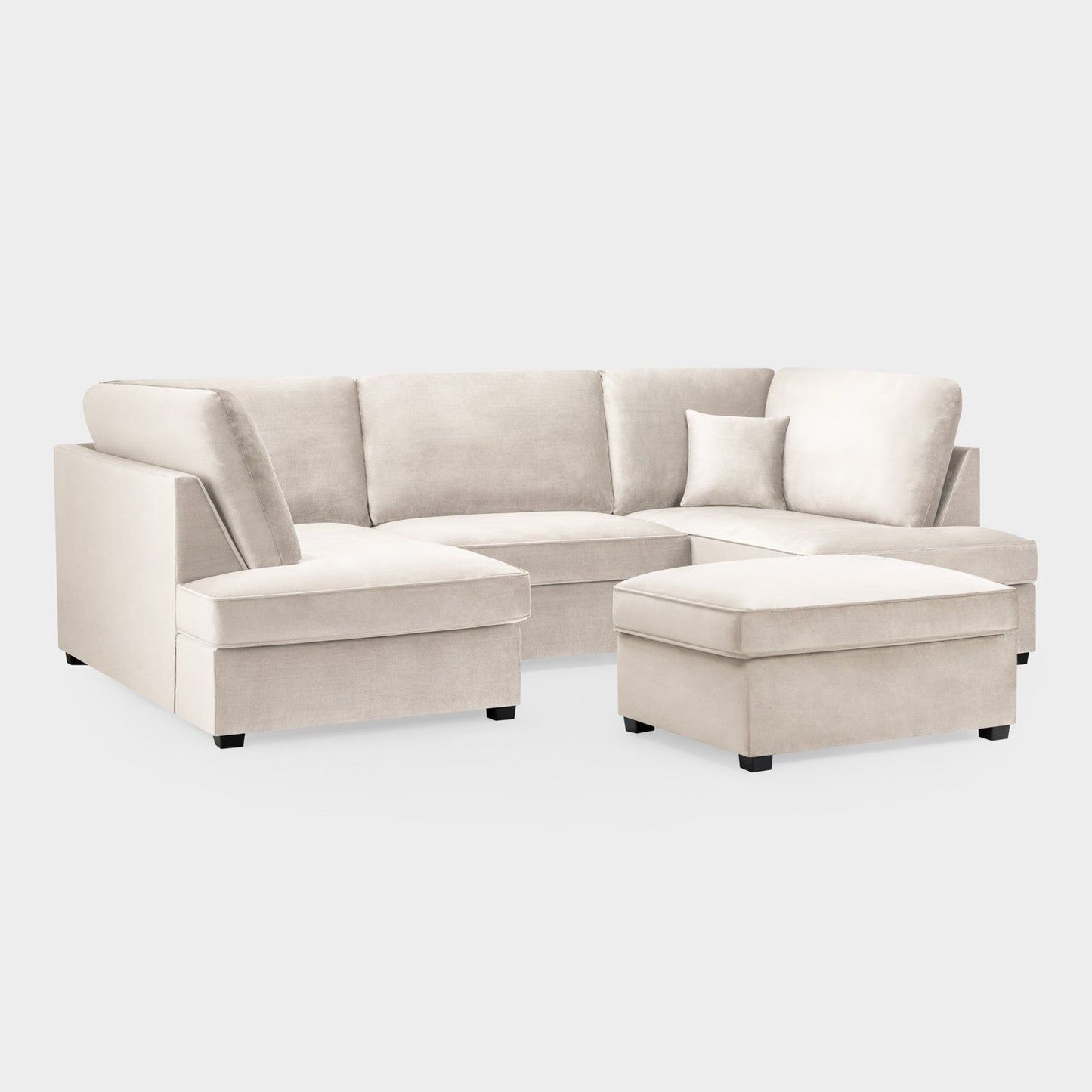 Beige Fabric U Shaped Corner Sofa Wooden Feet