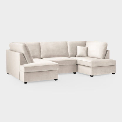 Beige Fabric U Shaped Corner Sofa Wooden Feet