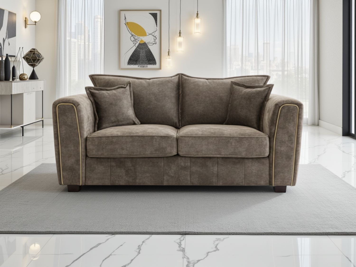 Brown Leather Effect 2 Seater Sofa with Metal Trim