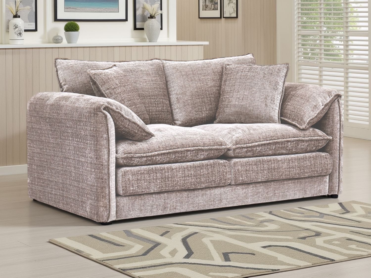 Beige Chenille Fabric 2 Seater Sofa Standard Back