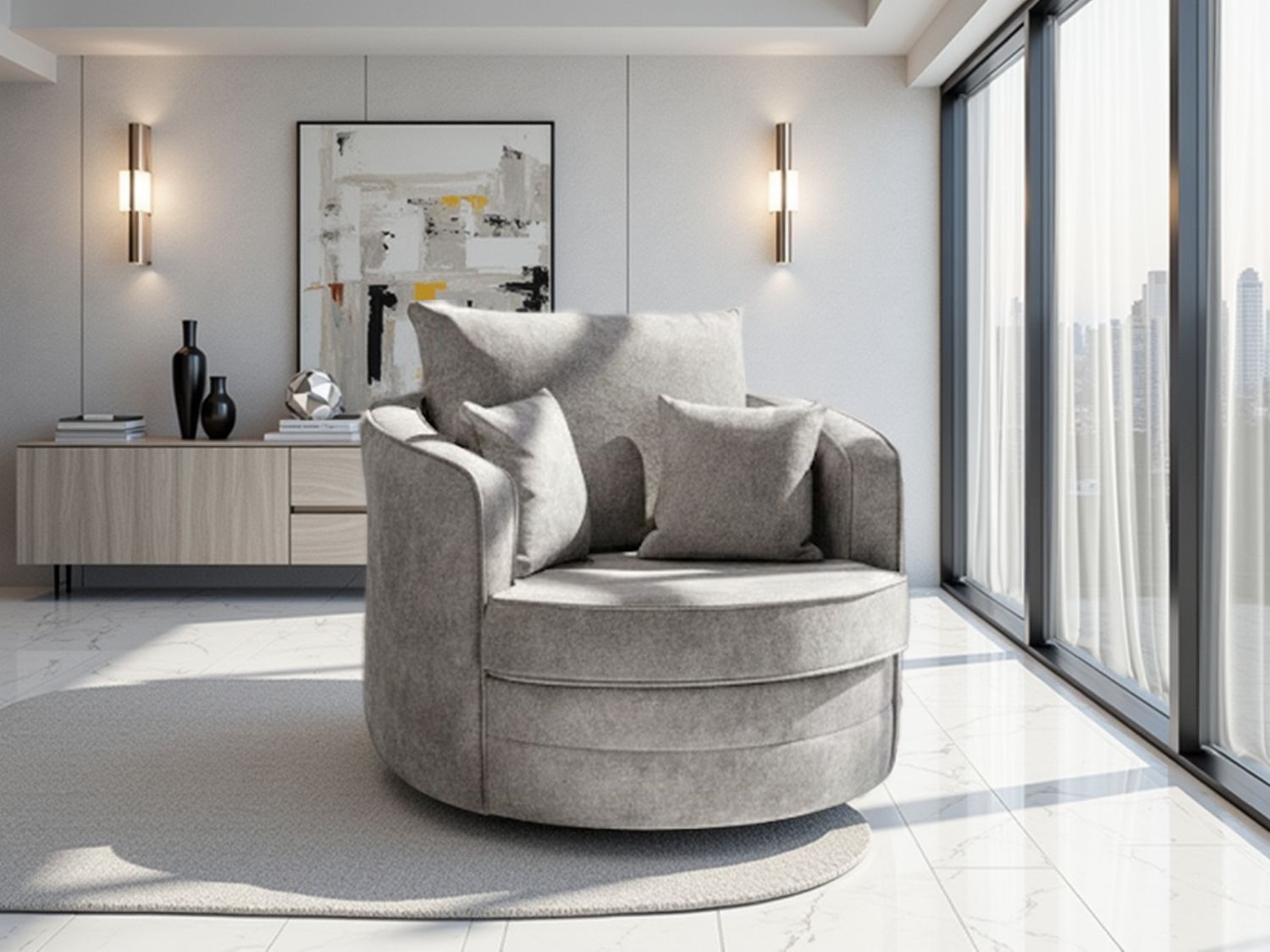 Grey Fabric Round Swivel Pillow Back Chair with Cushion